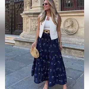 Zara Embroidered Navy Blue Maxi Skirt